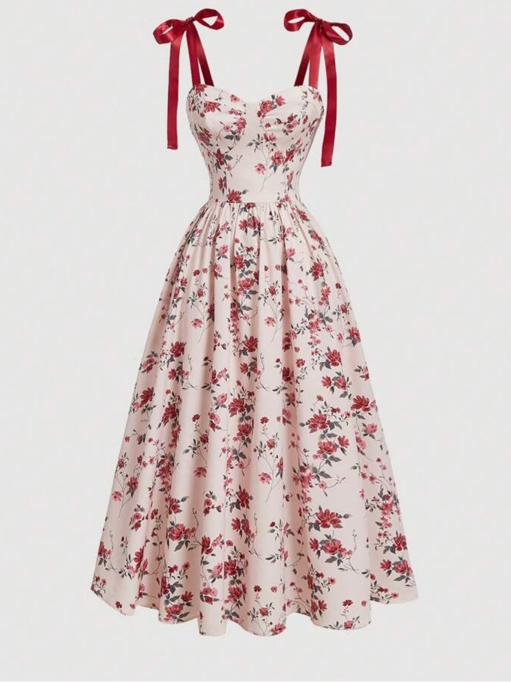 Tie-Shoulder Pink Floral Midi Dress